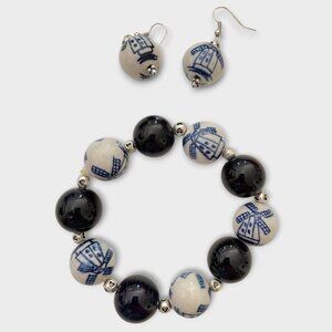 Delft blue ceramic set of bracelet and earrings WINDMILL